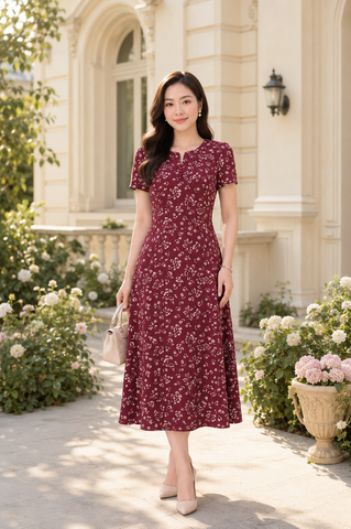  Đầm Suông A Họa Nhí Màu Cổ Điển Cổ Xẻ Phối Cúc DL595 