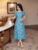 Đầm Gấm Dệt Hoa Xanh Pastel Cổ Vạt Bèo Thời Thượng DL840