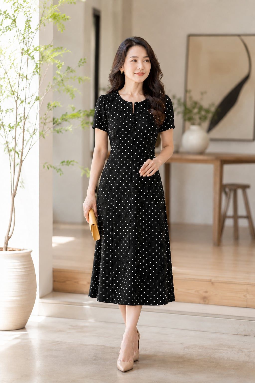 Đầm Suông A Đen Chấm Bi Cổ Xẻ Phối Cúc Tôn Dáng Gọn DL592