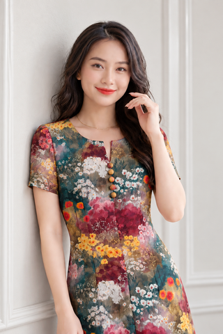 Đầm Tiệc Trung Niên Dáng  Suông A Linen Kim Cương Phối Hoa Nhí Cực Sang DL599 