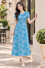 Đầm Gấm Dệt Hoa Xanh Pastel Cổ Vạt Bèo Thời Thượng DL840