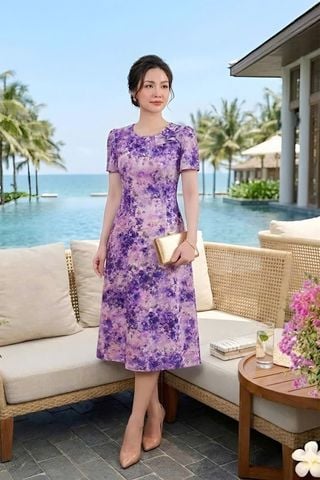 Đầm Suông A Hoa Loang Tím Chất Lụa Xịn mềm mịn DL620 