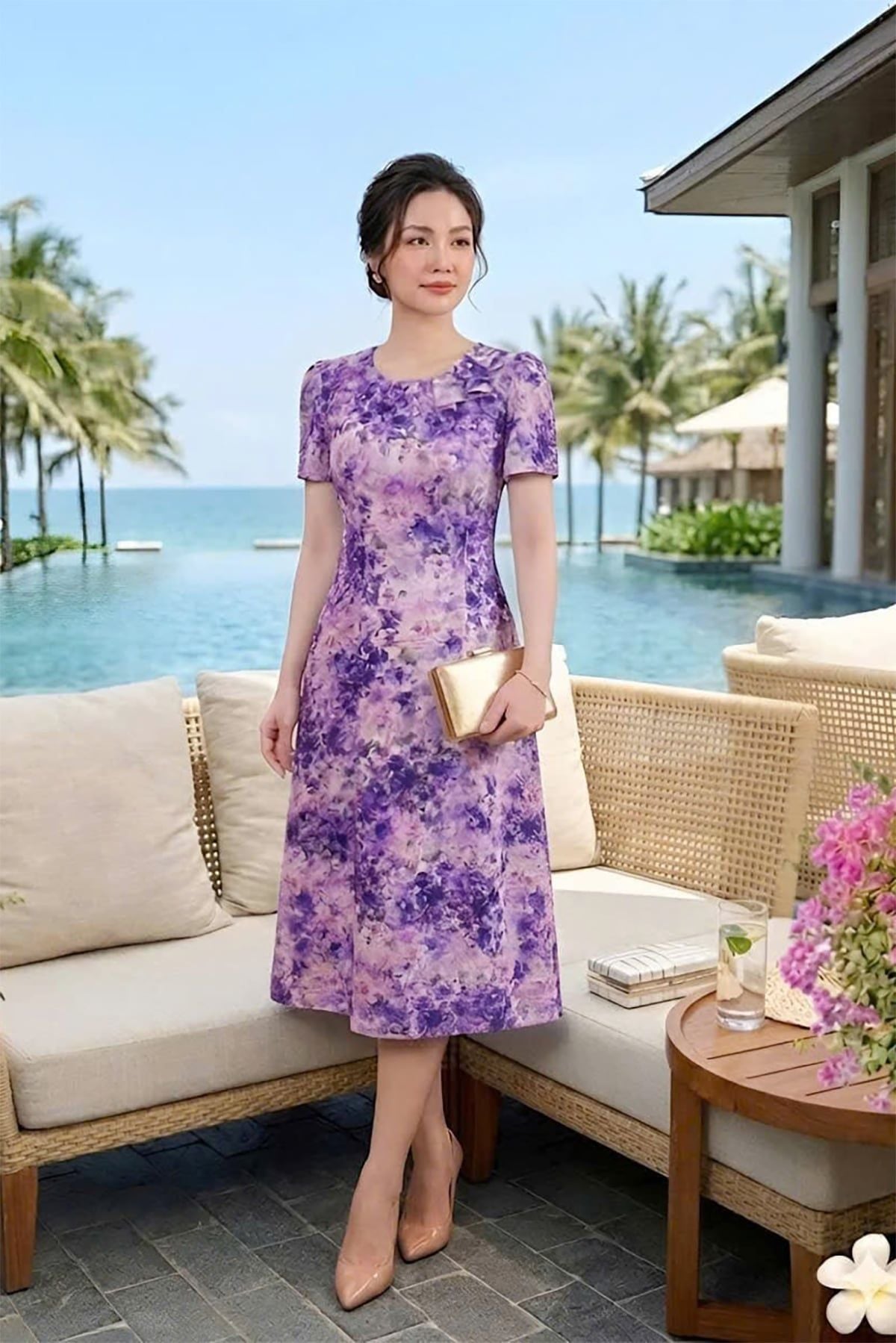 Đầm Suông A Hoa Loang Tím Chất Lụa Xịn mềm mịn DL620