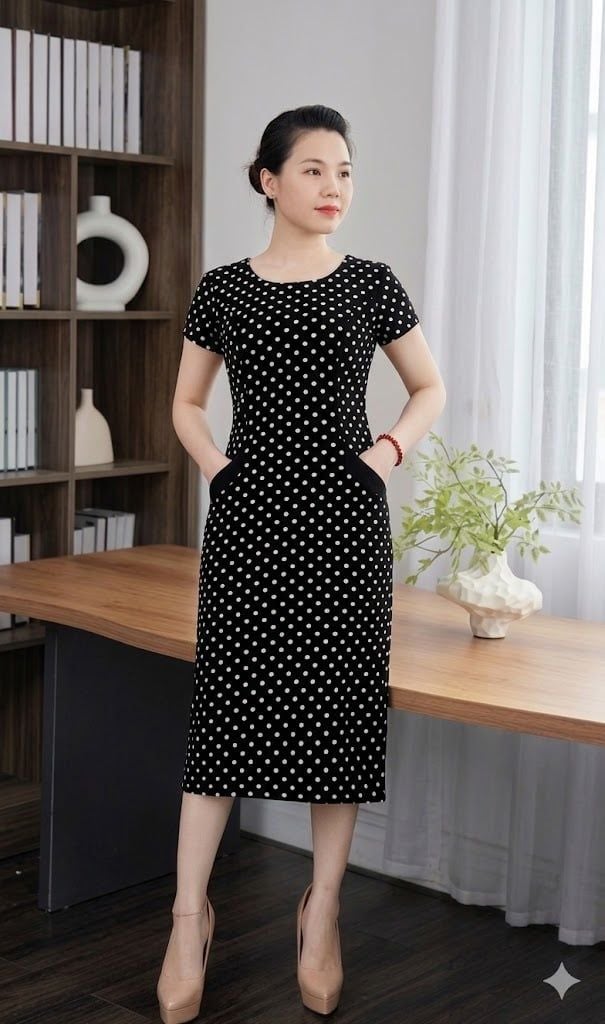 Đầm Suông Chấm 2 Túi Che Bụng Gọn Eo Co Giãn 4 Chiều DL248