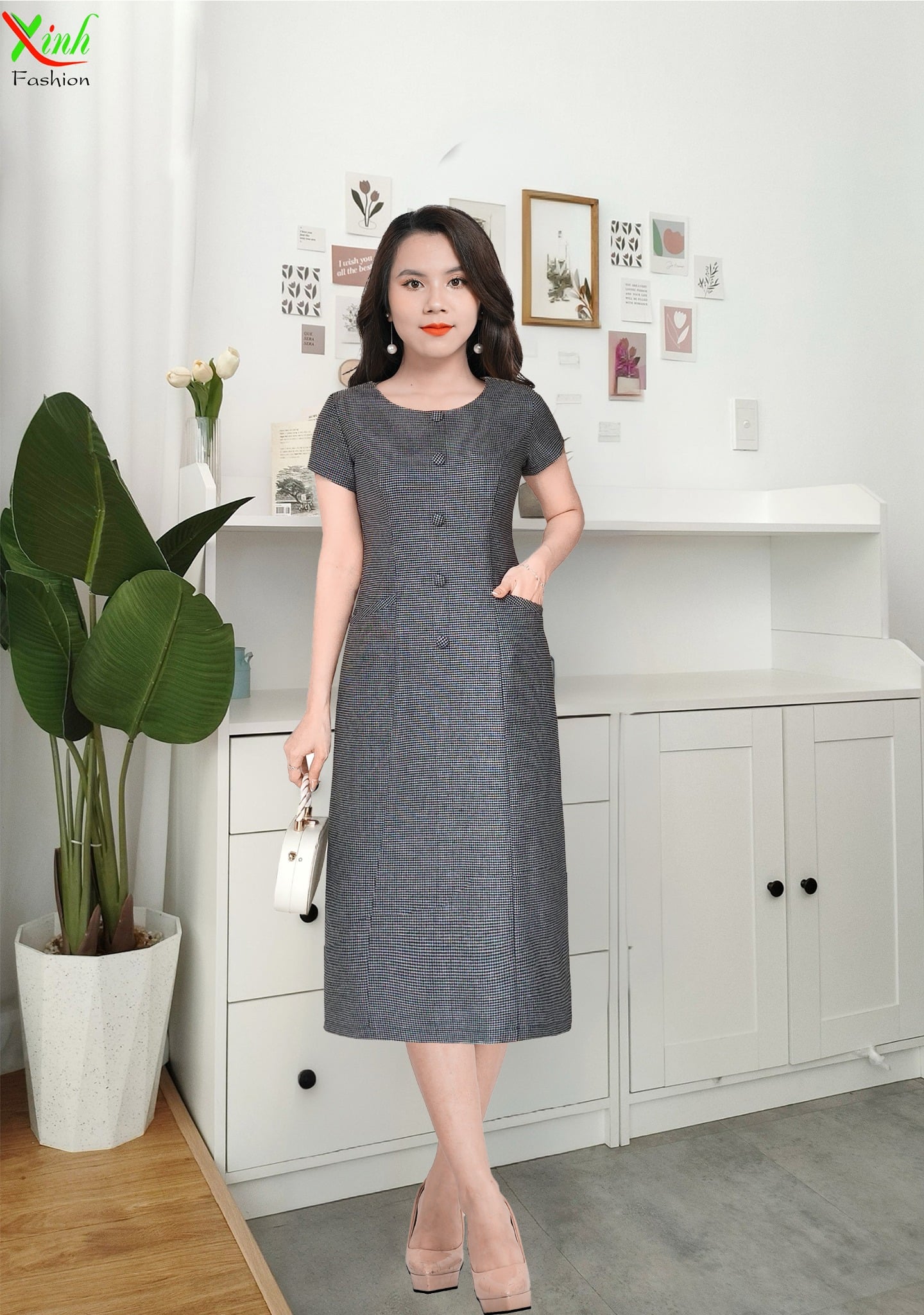 Đầm Suông Caro nhuyễn phối nút sang trọng DL502