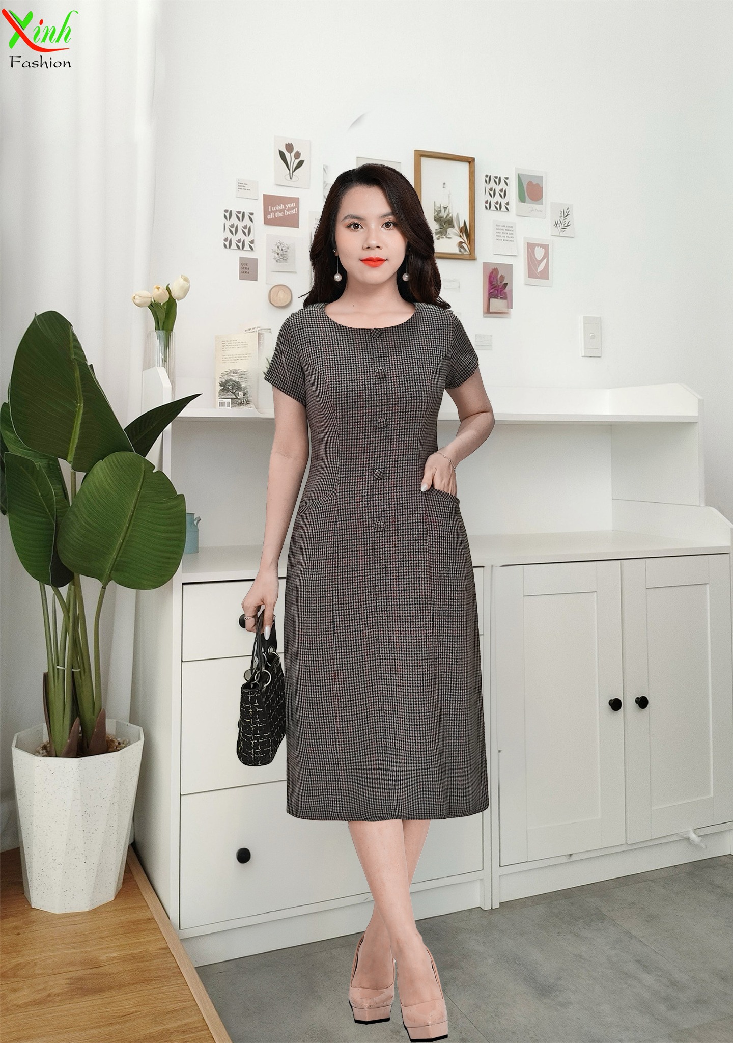 Đầm Suông Caro nhuyễn phối nút sang trọng DL506