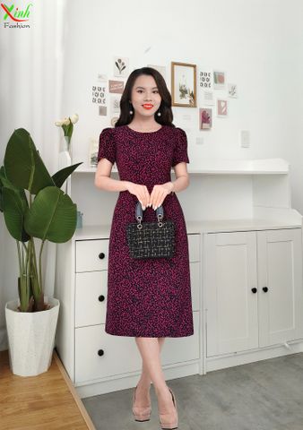  Đầm Suông A Đen họa tiết nhí hồng tím DL559 