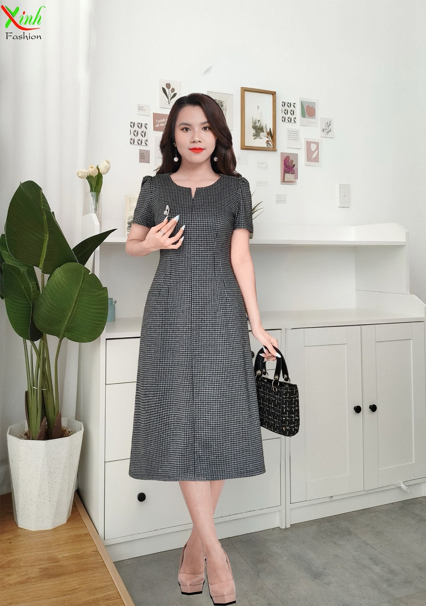 Đầm Suông Basic Caro Nhuyễn Xám Đen Sang Trọng Phối Cúc DL578