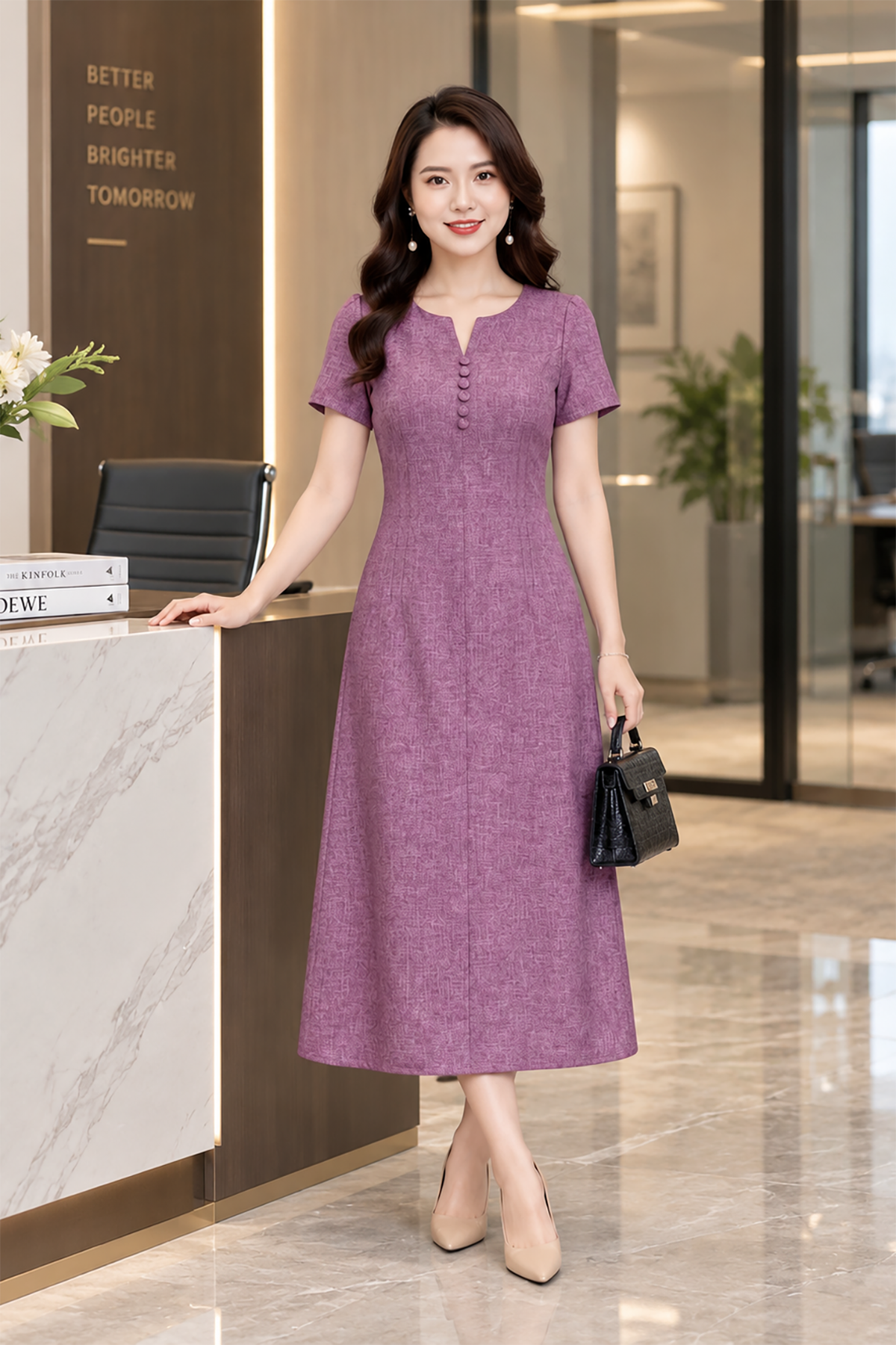 Đầm Suông A Tím Lavender Eo Kép Nịnh Da Tôn Dáng DL582