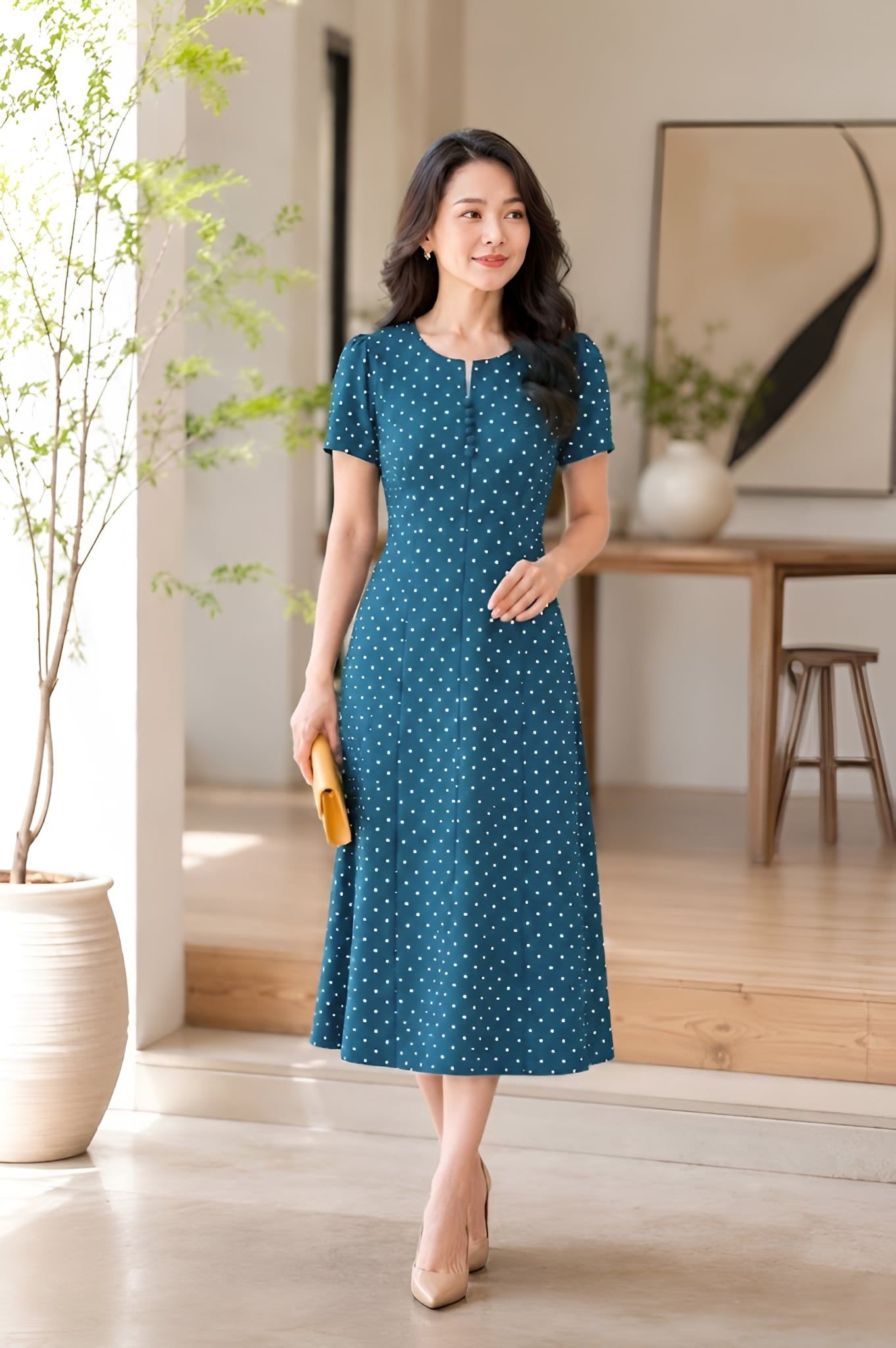 Đầm Suông A Chấm Bi Cổ Xẻ Phối Cúc Tôn Dáng Gọn DL591