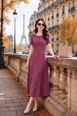  Đầm U40 Hồng Ruốc Suông A Tám Mảnh Phối Cúc Tôn Dáng Gọn DL593 