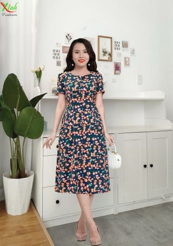  Đầm Suông A Cam Xanh Cổ Xẻ Phối Cúc Thanh Lịch DL604 