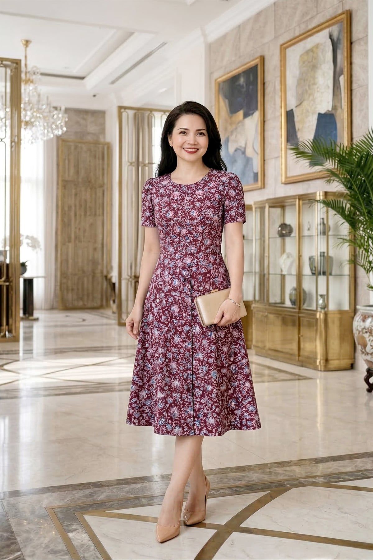 Đầm suông A đỏ hoa phối cúc gọn dáng DL612