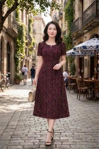  Đầm suông A Đen hoa nhí đỏ cổ xẻ phối cúc DL613 