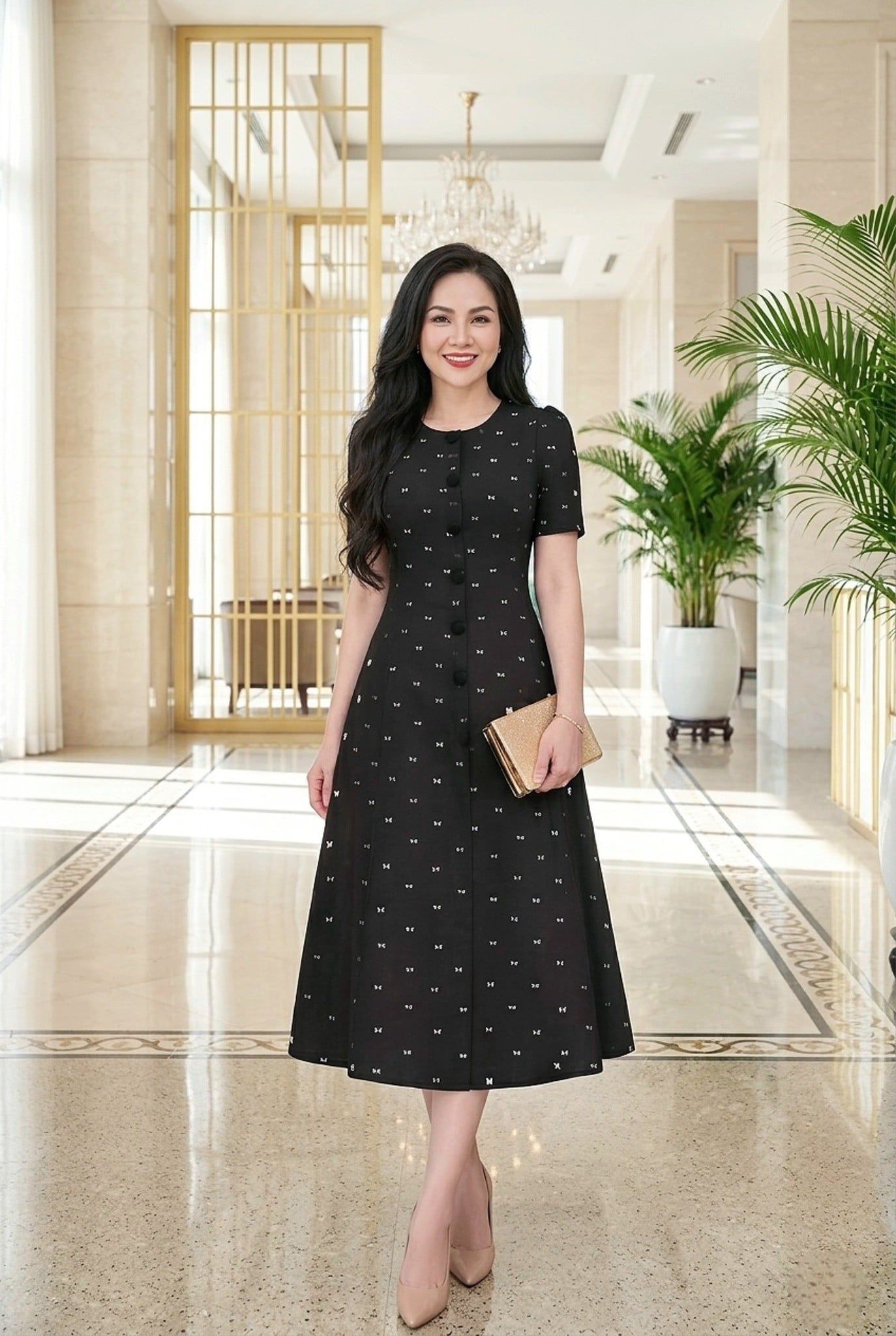 Đầm suông A đen nâu nơ nhí trẻ trung gọn dáng DL616