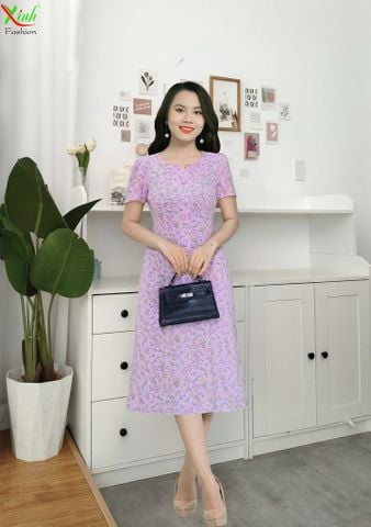  Đầm suông A Tím hoa nhí phối nút sang trọng DL622 