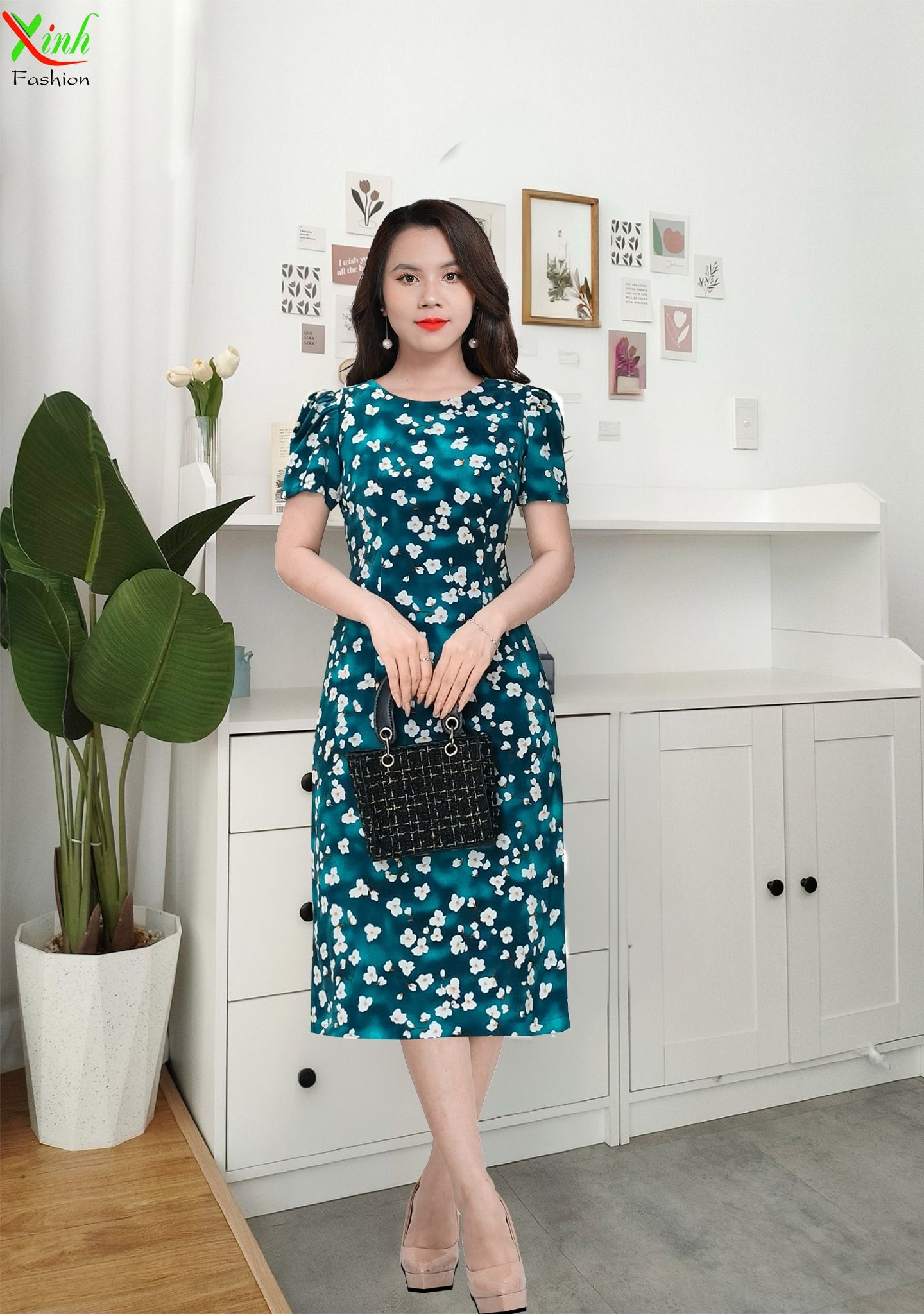 Đầm Suông A Xanh hoa Lụa vân tuyết DL644