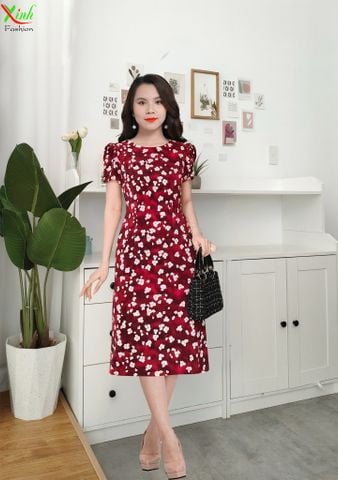  Đầm Suông A đỏ hoa Lụa vân tuyết DL646 