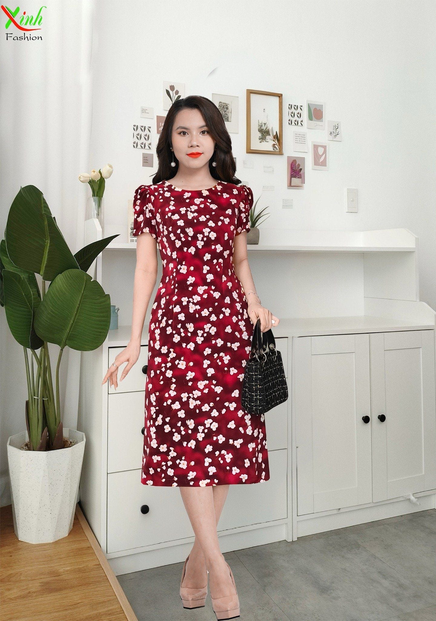 Đầm Suông A đỏ hoa Lụa vân tuyết DL646