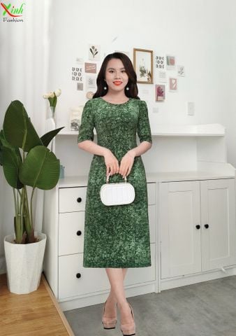  Đầm Suông Xanh Rêu Lụa Vân Tuyết sang trọng DL656 