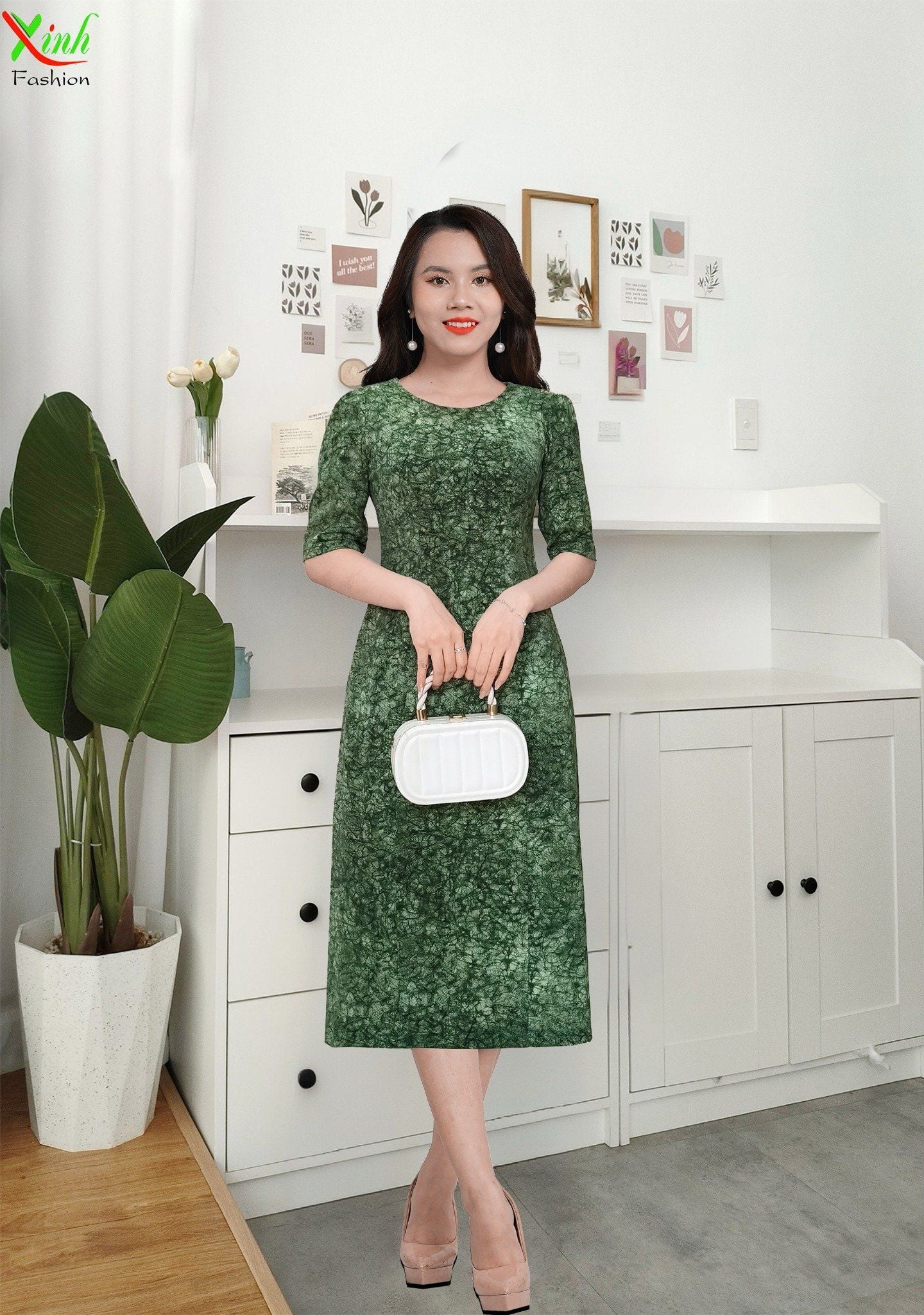 Đầm Suông Xanh Rêu Lụa Vân Tuyết sang trọng DL656