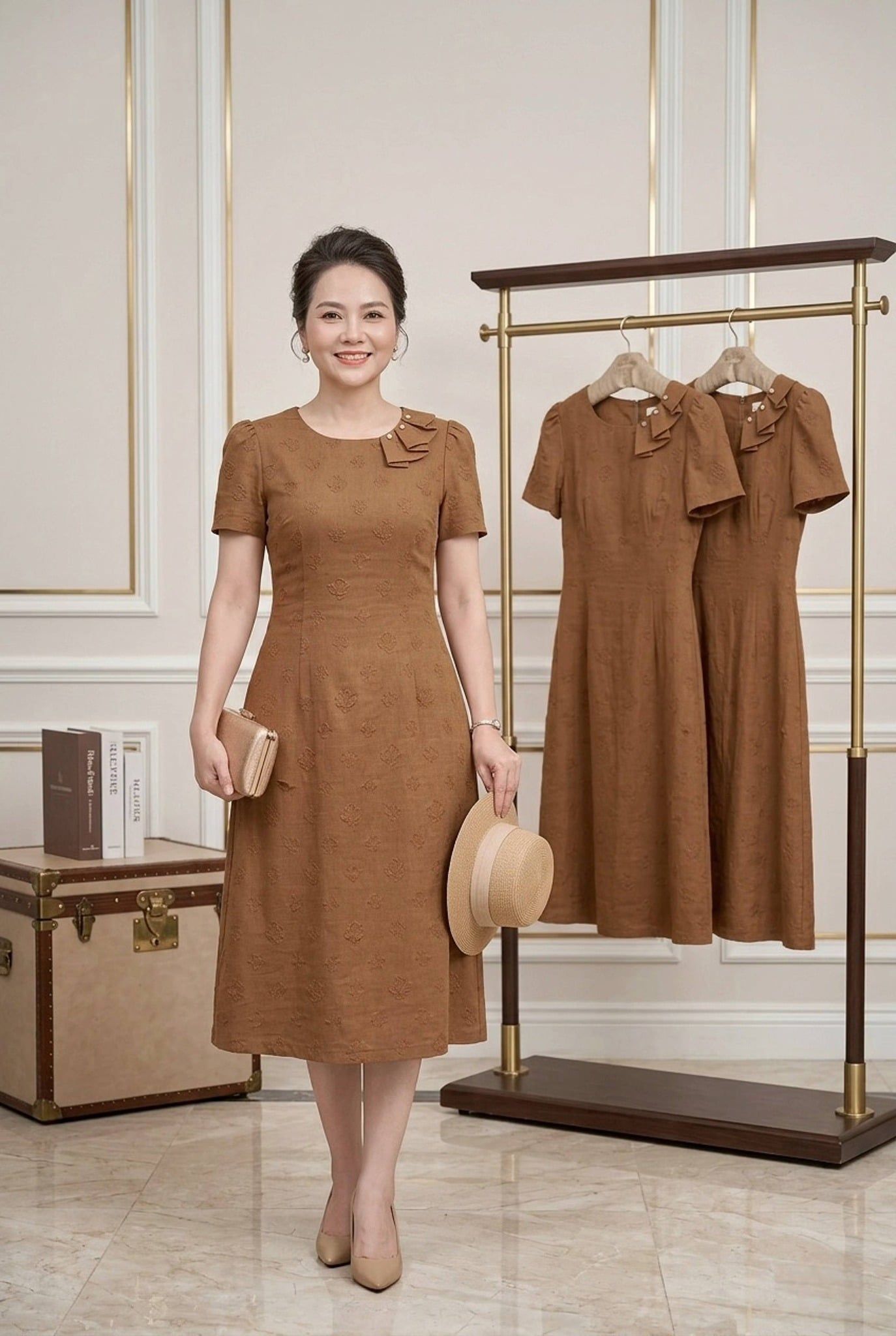 Đầm Suông A Dập Nổi Cổ Áo Chất linent đũi mềm mát DL679