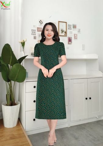  Đầm Suông Lụa Xanh Hoa Nhí Vàng Siêu Mềm Mịn DL698 