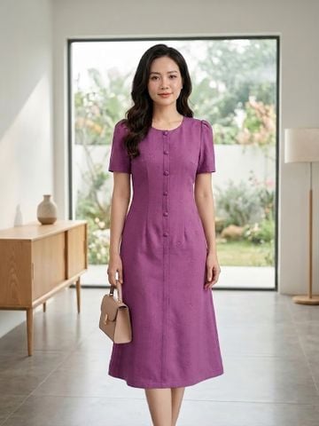  Đầm Suông A Hồng Ruốc Xẻ Trụ Phối Cúc Vân Hoa Nổi DL704 