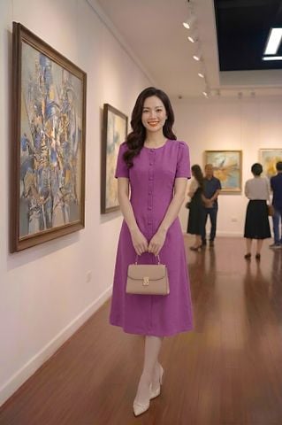  Đầm Suông A Hồng Ruốc Xẻ Trụ Phối Cúc Vân Hoa Nổi DL704 