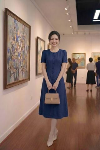  Đầm Suông A Xanh Than Xẻ Trụ Phối Cúc Vân Hoa Nổi DL705 