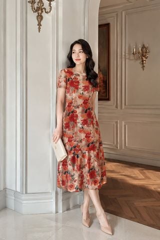  Đầm Suông A Đuôi Cá Hoa Cam Chất Linent Tôn Dáng Cao DL721 