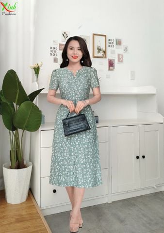  Đầm Suông Xanh hoa Giả Sơ Mi Nhún Thân Áo DL724 