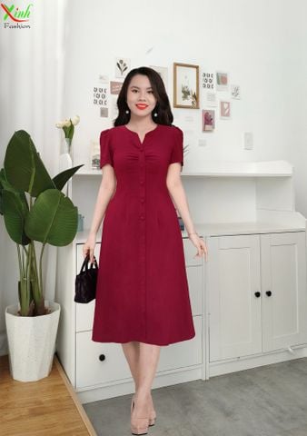  Đầm Suông Đỏ Giả Sơ Mi Nhún Thân Áo DL725 