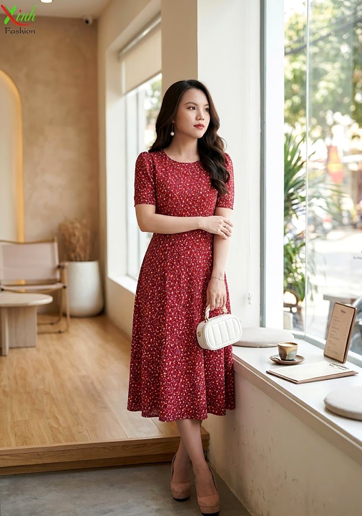Đầm Suông A Tay Lỡ Đỏ Hoa Nhí Trẻ Trung Tôn Dáng Gọn DL731