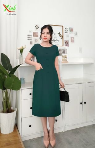 Đầm Suông Xanh Rêu phối nút sang trọng gọn dáng DL777 
