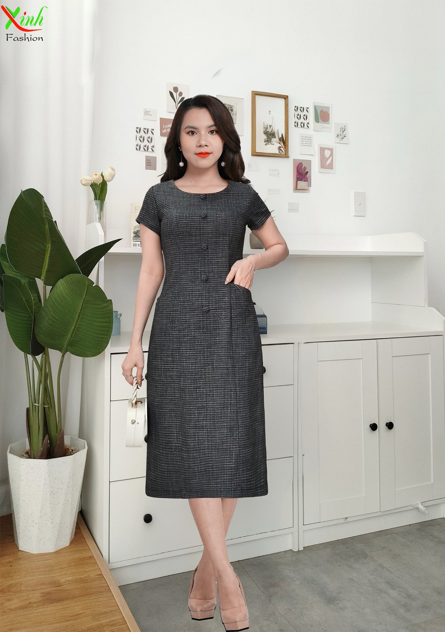 Đầm Suông Caro nhuyễn phối nút sang trọng DL782