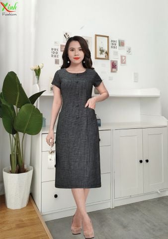  Đầm Suông Caro nhuyễn phối nút sang trọng DL782 