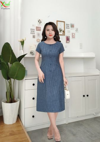  Đầm Suông Caro ô nhí phối nút sang trọng DL785 