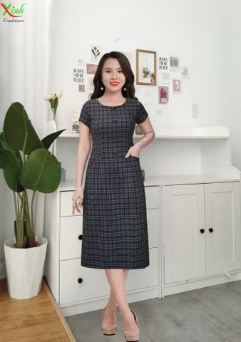  Đầm Suông Caro Nâu phối nút sang trọng DL786 