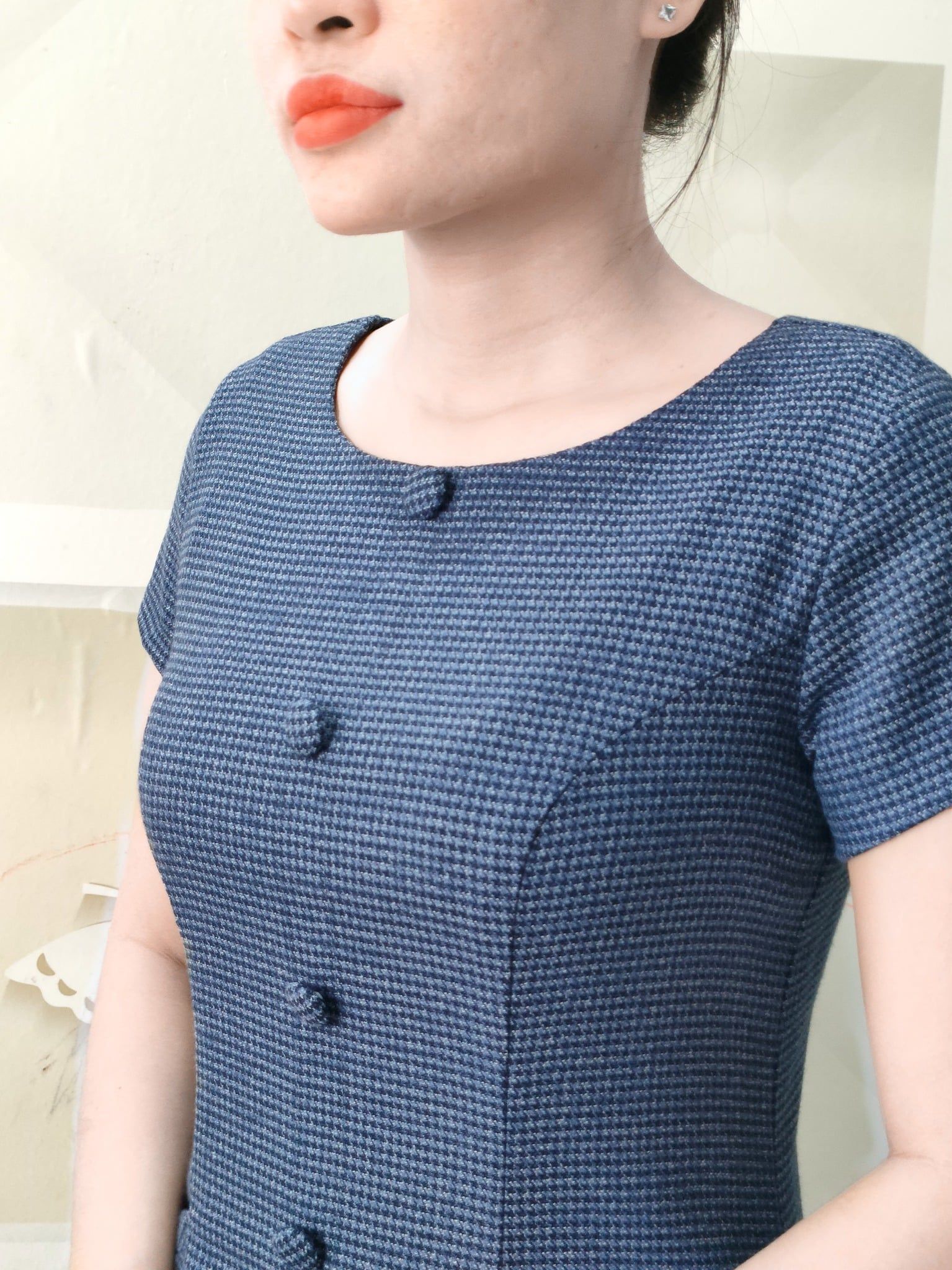 Đầm Suông Caro ô nhí phối nút sang trọng DL787 xanh đậm