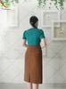 Đầm PEPLUM NÂU PHỐI THÂN ÁO XANH LỤA Tôn Dáng DL802
