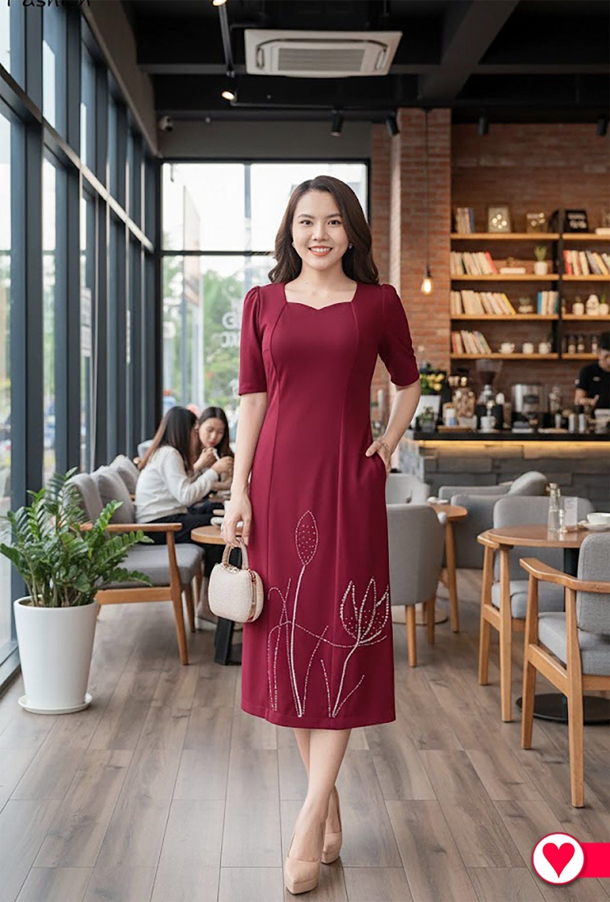 Đầm Suông Đỏ Đô Tay Lỡ Đính Đá Kiêu Sa DL815