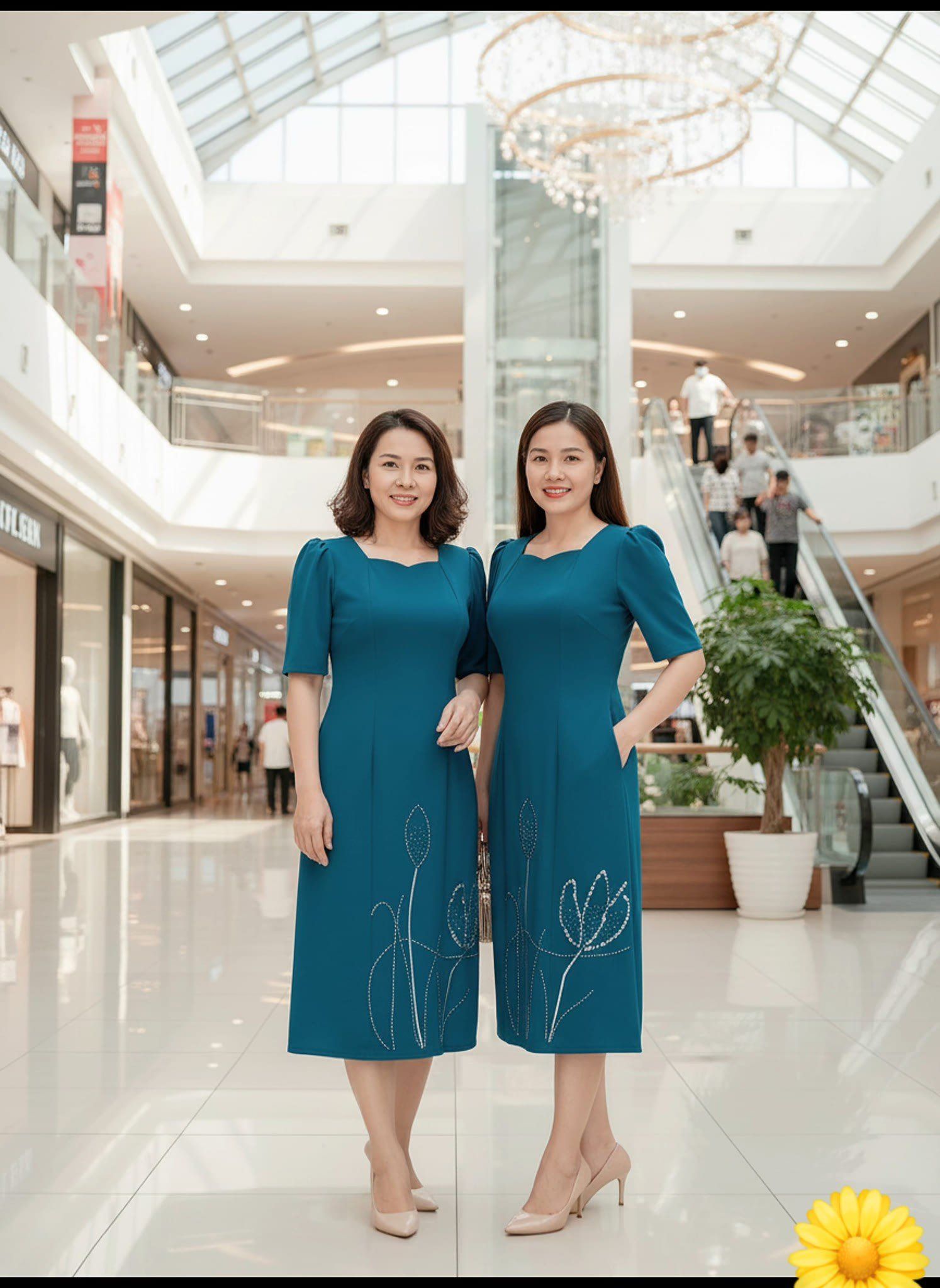 Đầm Suông Xanh cổ vịt Tay Lỡ Đính Đá Kiêu Sa DL817