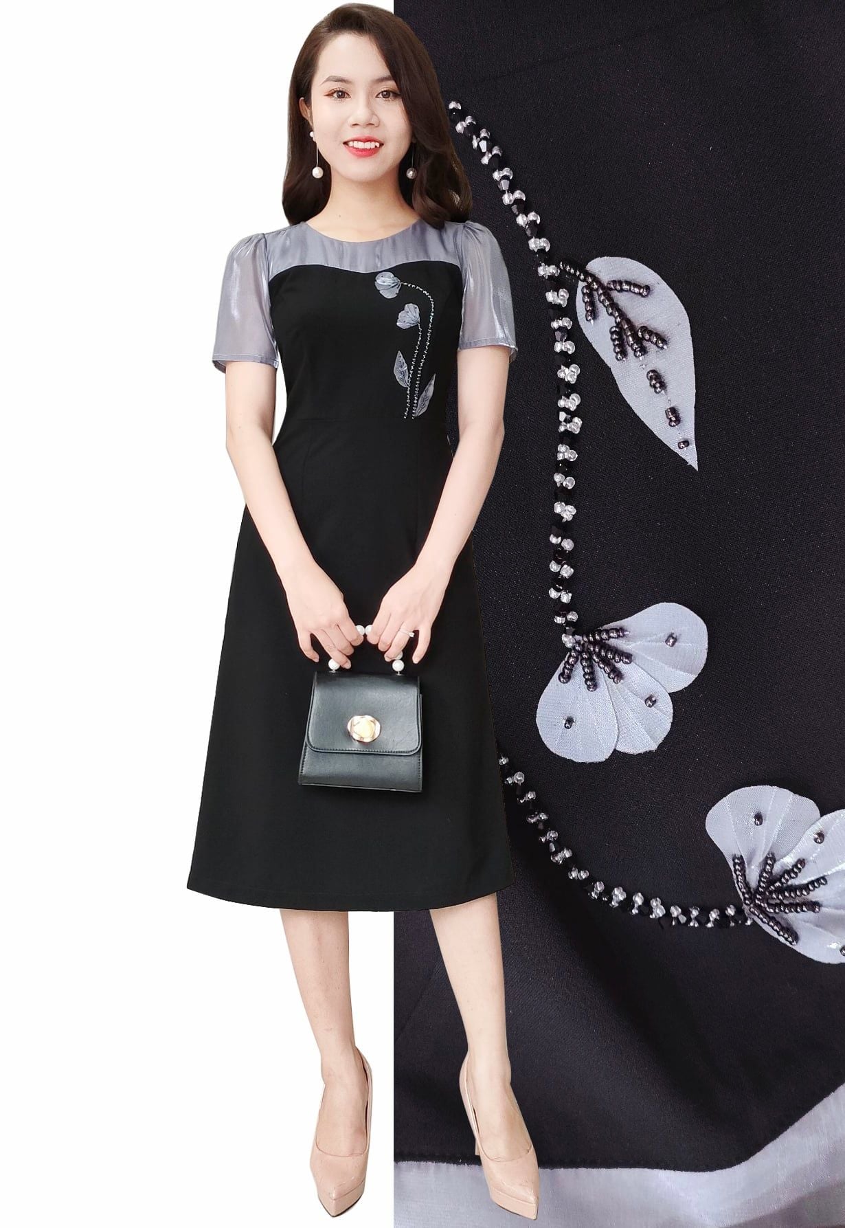 Đầm kết hoa phối organza xám tây thời thượng DL832