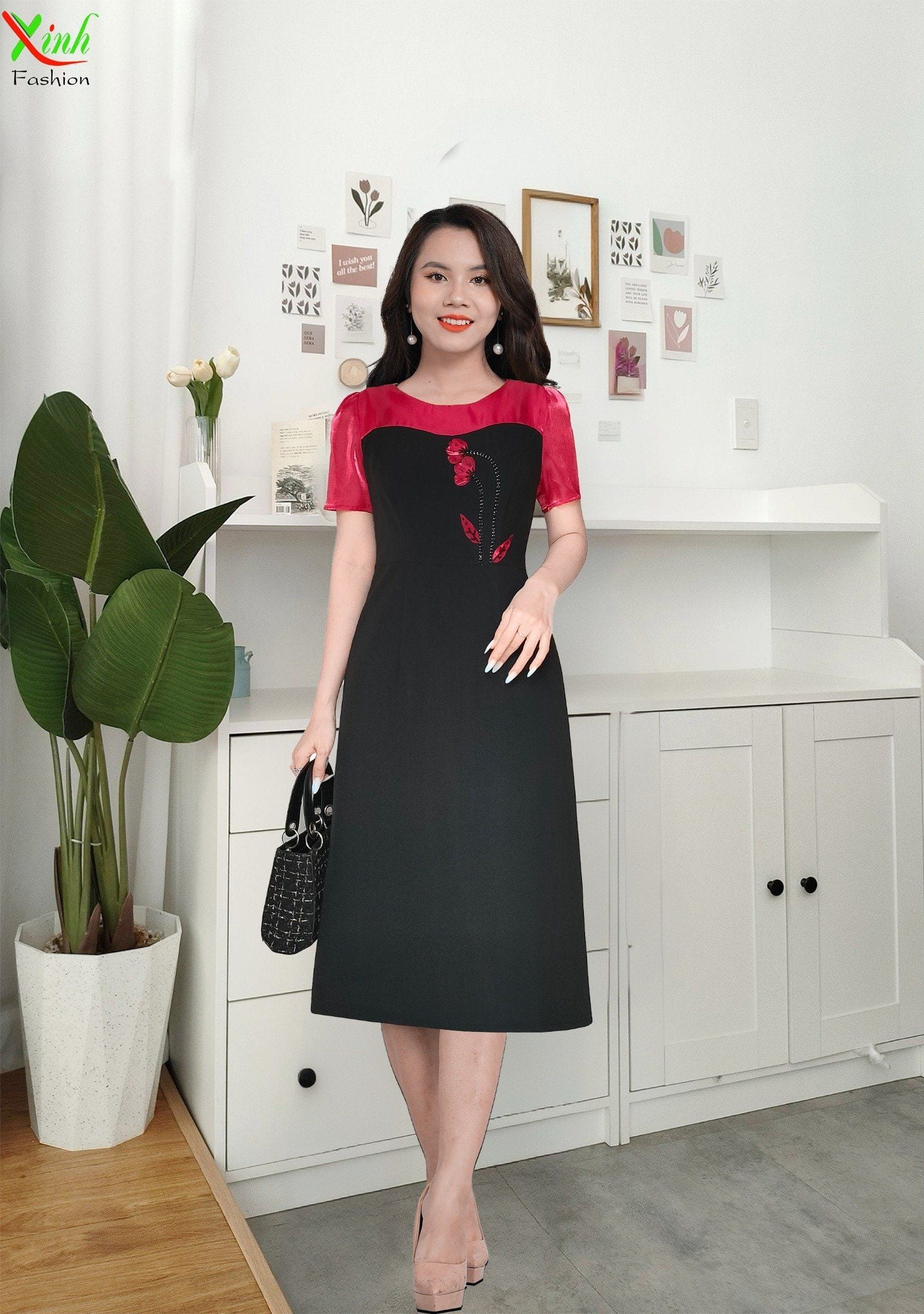 Đầm kết hoa phối organza đỏ thời thượng DL833