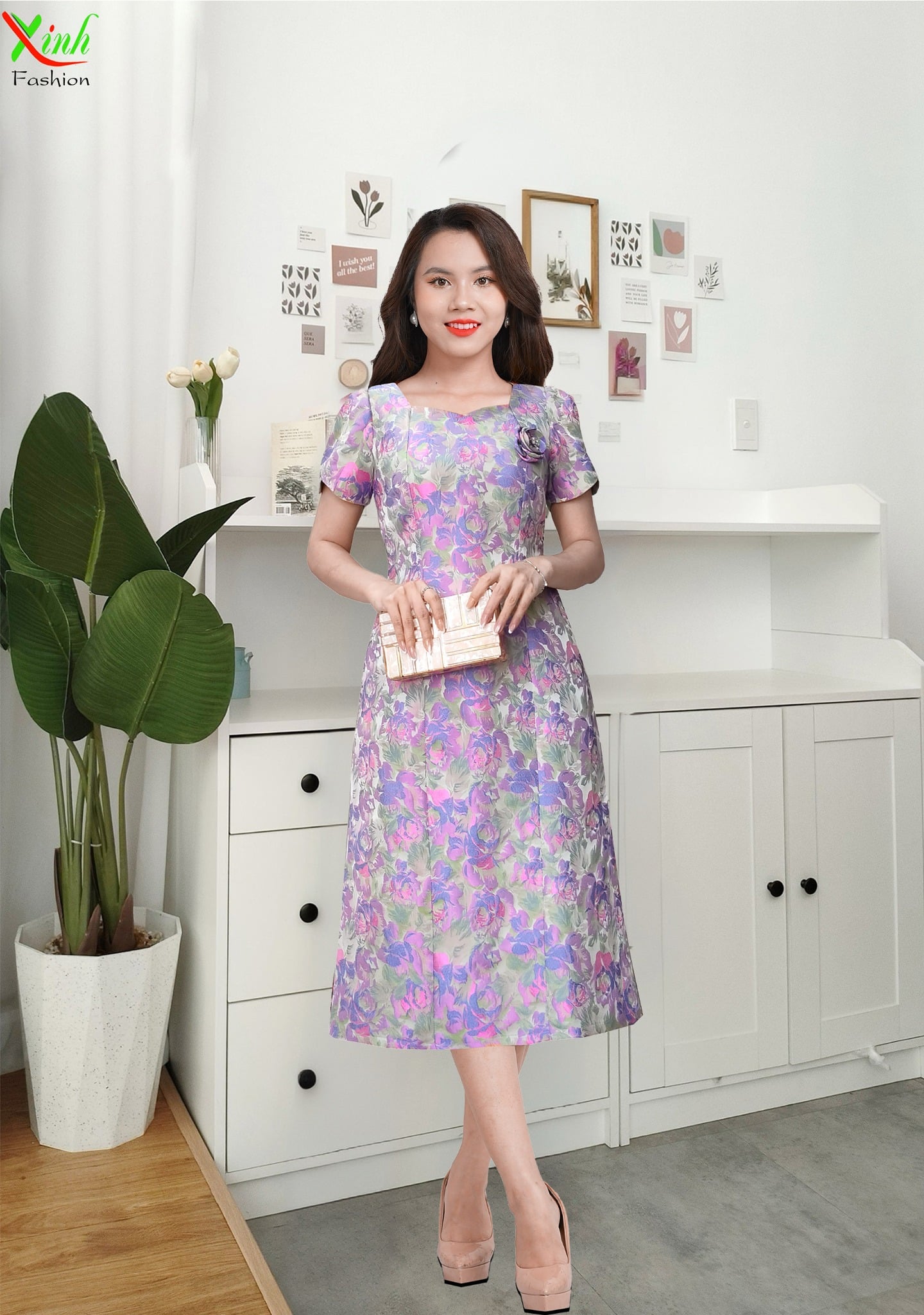 Đầm Gấm Dệt Cao Cấp Tím Pastel Trẻ Trung Hoa Cài Thủ Công DL838