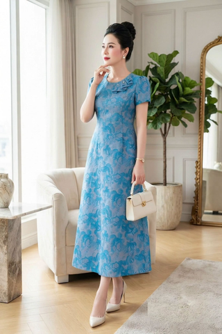  Đầm Gấm Dệt Hoa Xanh Pastel Cổ Vạt Bèo Thời Thượng DL840 