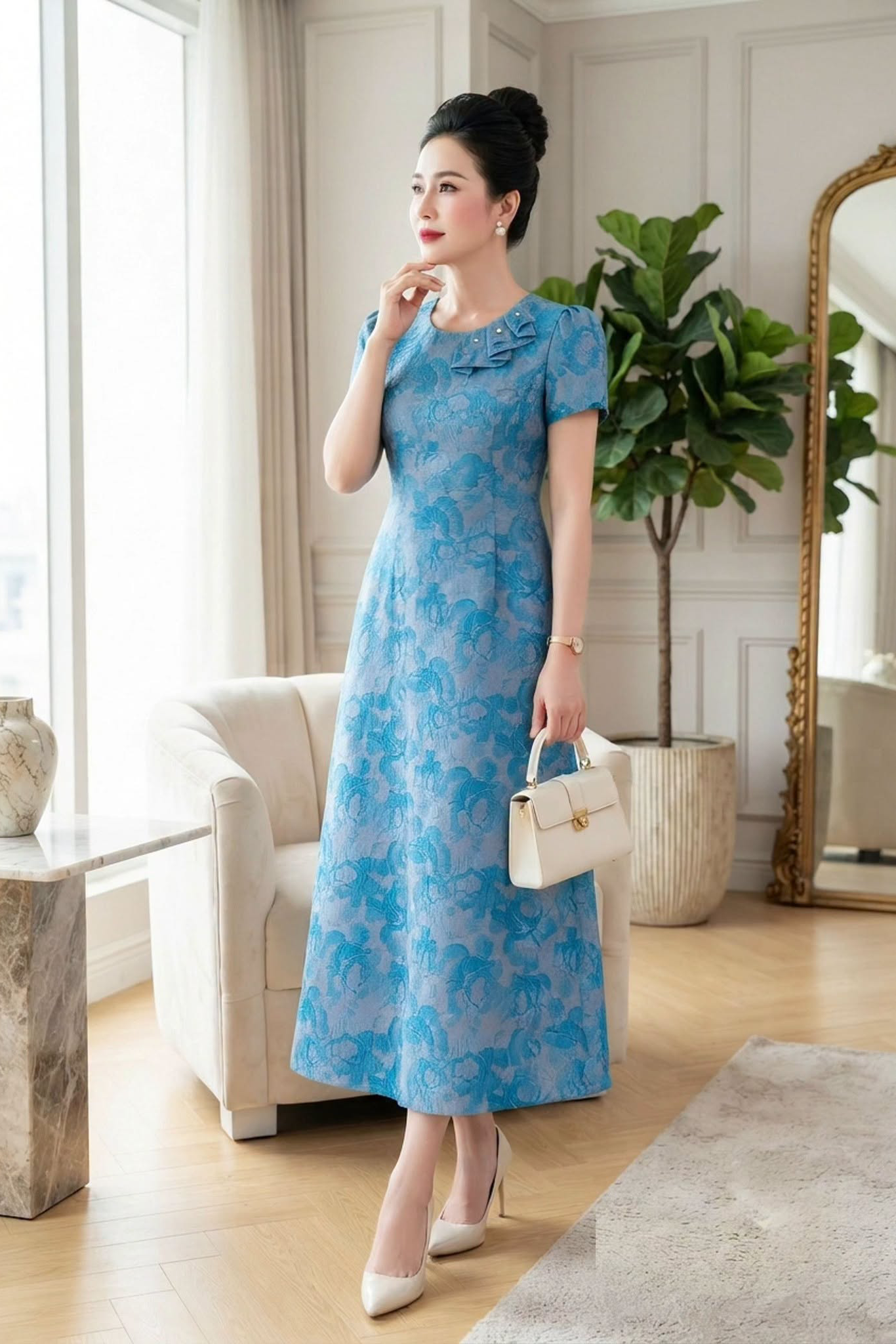 Đầm Gấm Dệt Hoa Xanh Pastel Cổ Vạt Bèo Thời Thượng DL840