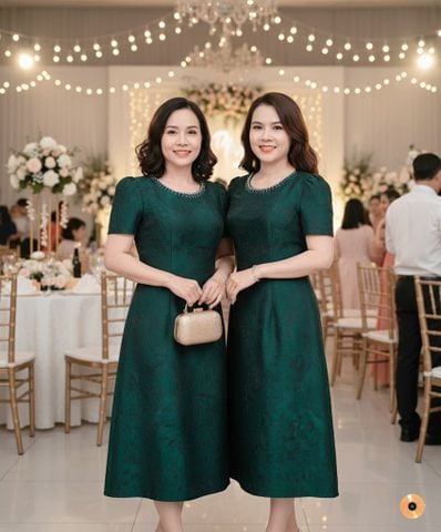  Đầm Gấm Vân Nổi Xanh Rêu Đính Cườm Thượng Hạng DL845 