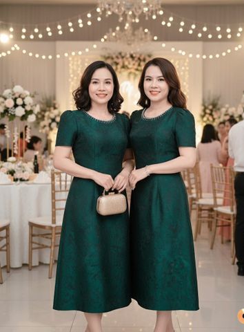  Đầm Gấm Vân Nổi Xanh Rêu Đính Cườm Thượng Hạng DL845 